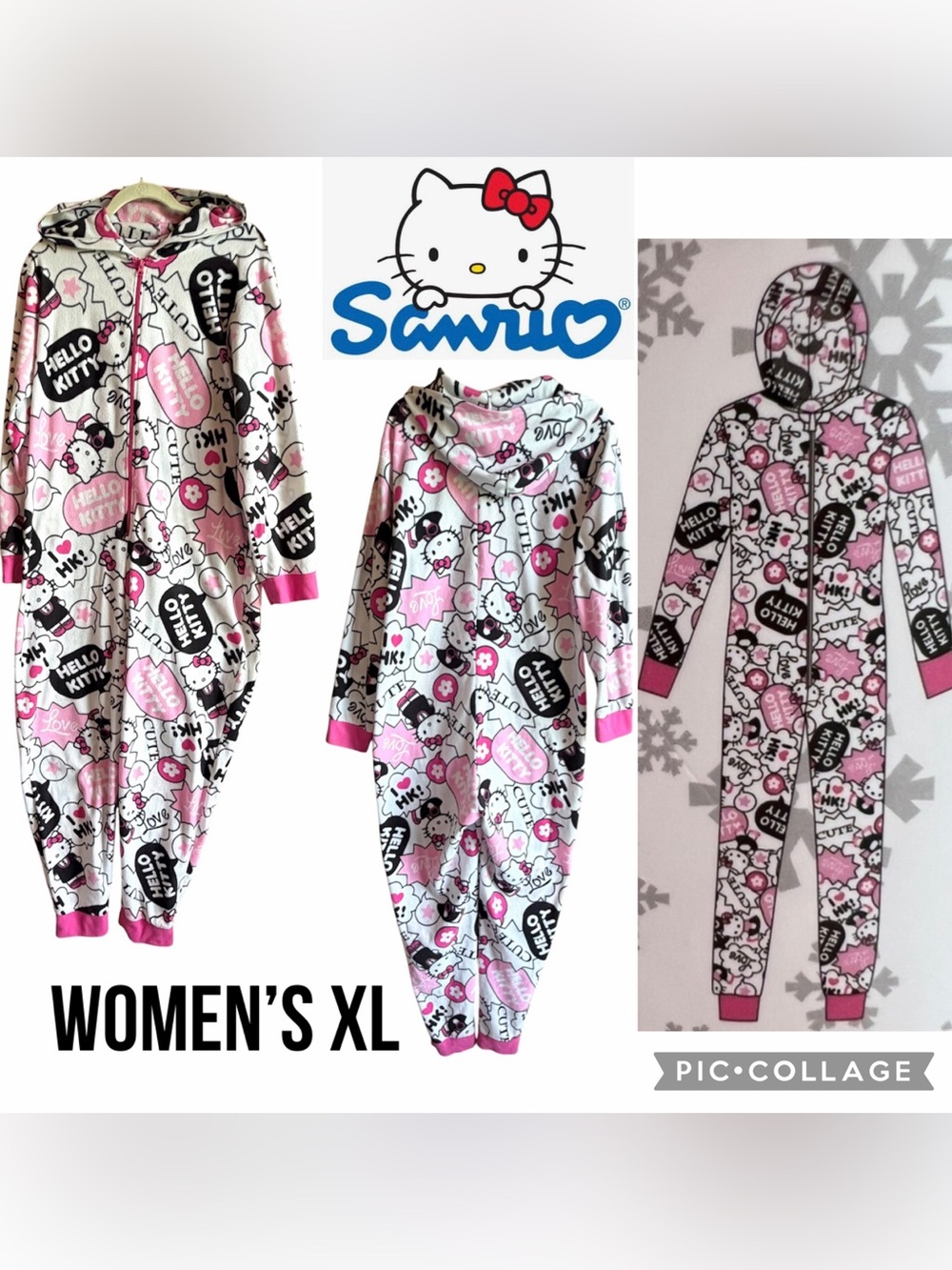Sanrio Womens Onesie Hello Kitty Pajama Hooded Micro Fleece White Pink Size XL